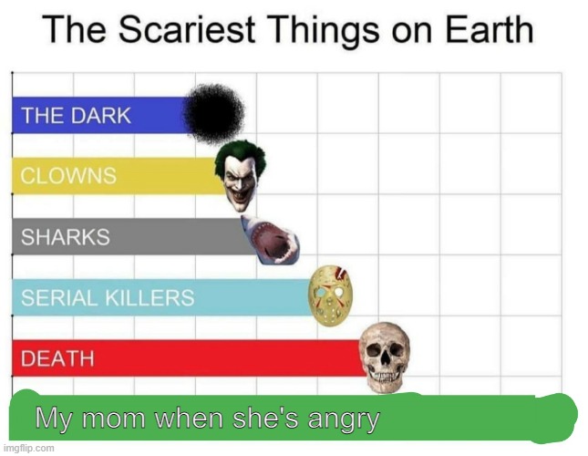 The Scariest Thing On Earth | My mom when she's angry | image tagged in scariest things on earth | made w/ Imgflip meme maker