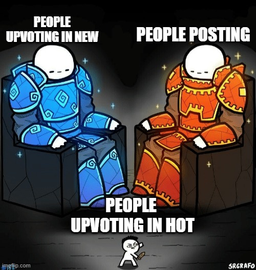 Reddit in a nutshell | PEOPLE UPVOTING IN NEW; PEOPLE POSTING; PEOPLE  UPVOTING IN HOT | image tagged in memes | made w/ Imgflip meme maker