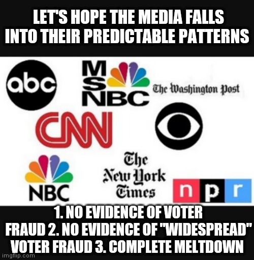 Media lies | LET'S HOPE THE MEDIA FALLS INTO THEIR PREDICTABLE PATTERNS; 1. NO EVIDENCE OF VOTER FRAUD 2. NO EVIDENCE OF "WIDESPREAD" VOTER FRAUD 3. COMPLETE MELTDOWN | image tagged in media lies | made w/ Imgflip meme maker