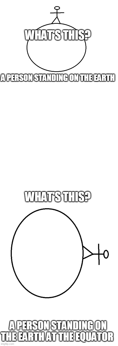 Random thoughts of a bored mind | WHAT'S THIS? A PERSON STANDING ON THE EARTH; WHAT'S THIS? A PERSON STANDING ON THE EARTH AT THE EQUATOR | image tagged in blank white template | made w/ Imgflip meme maker