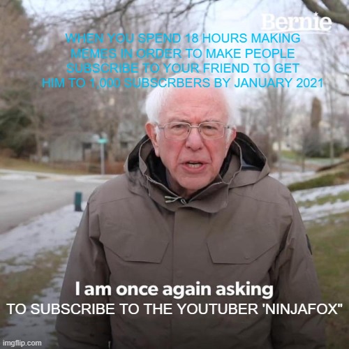 Bernie I Am Once Again Asking For Your Support | WHEN YOU SPEND 18 HOURS MAKING MEMES IN ORDER TO MAKE PEOPLE SUBSCRIBE TO YOUR FRIEND TO GET HIM TO 1,000 SUBSCRBERS BY JANUARY 2021; TO SUBSCRIBE TO THE YOUTUBER 'NINJAFOX" | image tagged in memes,bernie i am once again asking for your support | made w/ Imgflip meme maker