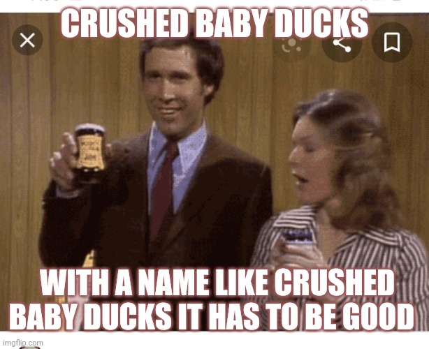 CRUSHED BABY DUCKS; WITH A NAME LIKE CRUSHED BABY DUCKS IT HAS TO BE GOOD | image tagged in dark humor,snl,silly | made w/ Imgflip meme maker