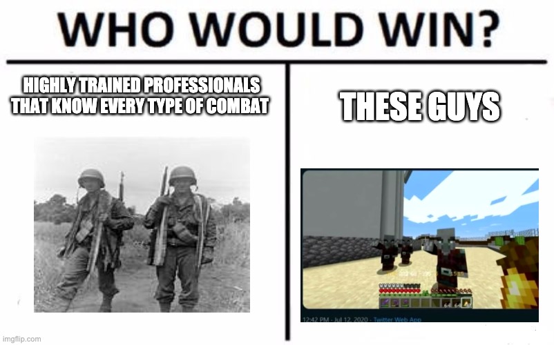Who Would Win? Meme | HIGHLY TRAINED PROFESSIONALS THAT KNOW EVERY TYPE OF COMBAT; THESE GUYS | image tagged in memes,who would win | made w/ Imgflip meme maker