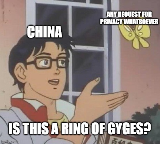 Is This A Pigeon Meme | ANY REQUEST FOR PRIVACY WHATSOEVER; CHINA; IS THIS A RING OF GYGES? | image tagged in memes,is this a pigeon,plato,philosophy,greek mythology,china | made w/ Imgflip meme maker