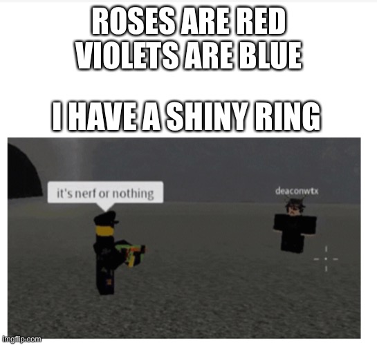 ROSES ARE RED
VIOLETS ARE BLUE; I HAVE A SHINY RING | image tagged in it s nerf or nothin | made w/ Imgflip meme maker