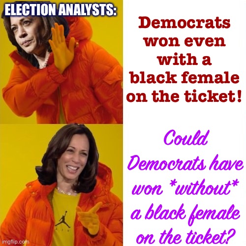 I believe Kamala Harris kept more people in the Democratic Party’s multiracial, feminist coalition than she drove away. | ELECTION ANALYSTS:; Democrats won even with a black female on the ticket! Could Democrats have won *without* a black female on the ticket? | image tagged in kamala harris hotline bling,election 2020,no racism,kamala harris,progress,feminism | made w/ Imgflip meme maker