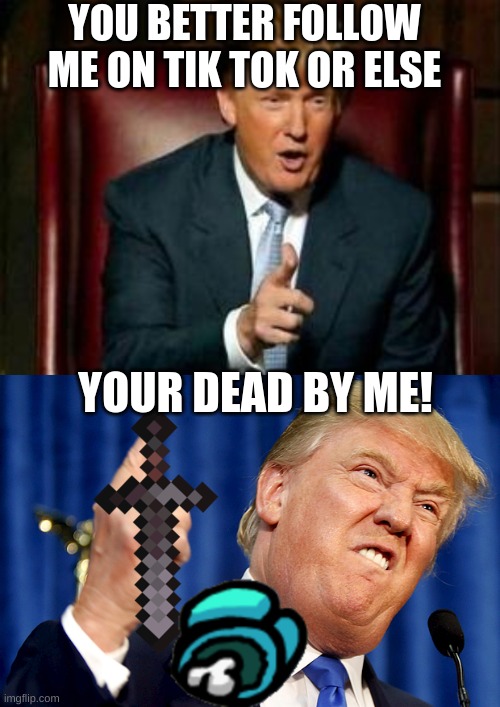 YOU BETTER FOLLOW ME ON TIK TOK OR ELSE; YOUR DEAD BY ME! | image tagged in donald trump,memes | made w/ Imgflip meme maker