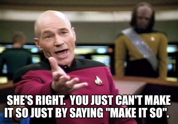 startrek | SHE'S RIGHT.  YOU JUST CAN'T MAKE IT SO JUST BY SAYING "MAKE IT SO". | image tagged in startrek | made w/ Imgflip meme maker