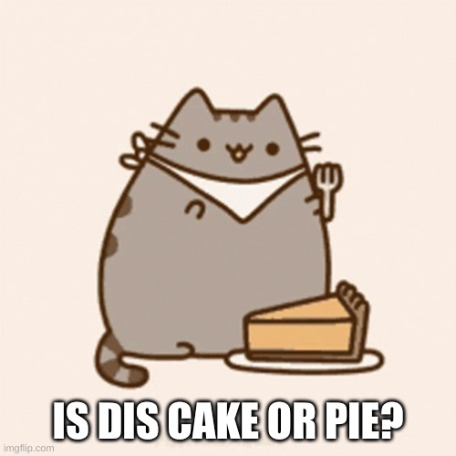 pusheen | IS DIS CAKE OR PIE? | image tagged in pusheen | made w/ Imgflip meme maker