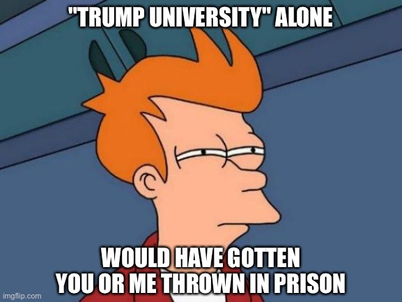 Let that sink in | "TRUMP UNIVERSITY" ALONE WOULD HAVE GOTTEN YOU OR ME THROWN IN PRISON | image tagged in memes,futurama fry | made w/ Imgflip meme maker