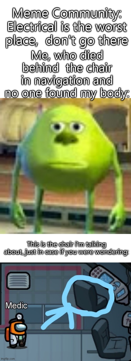 y | Me, who died behind  the chair in navigation and no one found my body:; Meme Community: Electrical is the worst place,  don't go there; This is the chair i'm talking about, just in case if you were wondering: | image tagged in sully wazowski | made w/ Imgflip meme maker