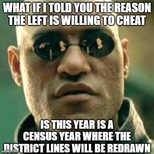 WHAT IF I TOLD YOU.... | WHAT IF I TOLD YOU THE REASON THE LEFT IS WILLING TO CHEAT; IS THIS YEAR IS A CENSUS YEAR WHERE THE DISTRICT LINES WILL BE REDRAWN | image tagged in what if i told you | made w/ Imgflip meme maker