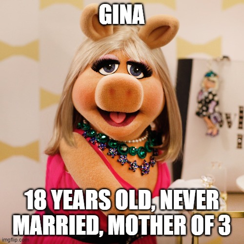 Miss Piggy | GINA; 18 YEARS OLD, NEVER MARRIED, MOTHER OF 3 | image tagged in muppets meme,miss piggy | made w/ Imgflip meme maker