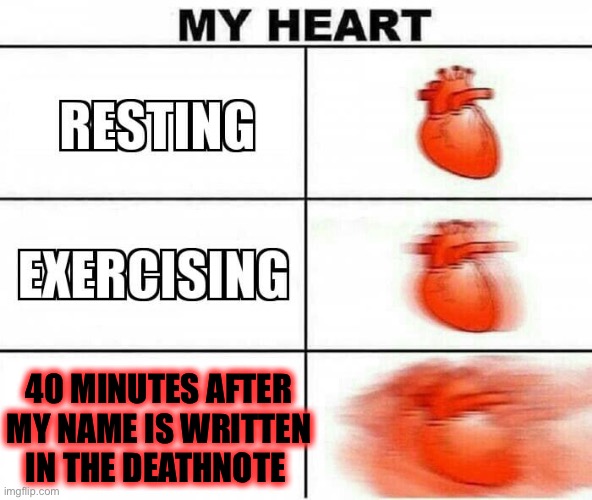 MY HEART | 40 MINUTES AFTER MY NAME IS WRITTEN IN THE DEATHNOTE | image tagged in my heart | made w/ Imgflip meme maker