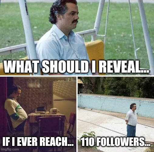 Sad Pablo Escobar | WHAT SHOULD I REVEAL... IF I EVER REACH... 110 FOLLOWERS... | image tagged in memes,sad pablo escobar | made w/ Imgflip meme maker