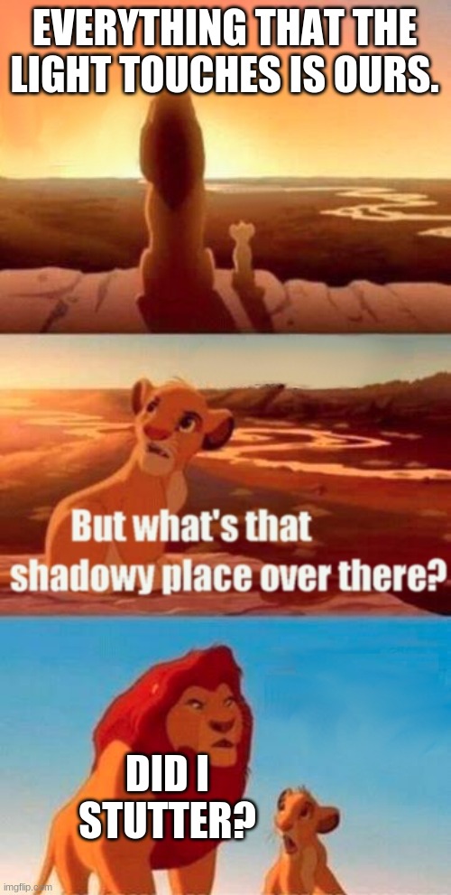 DID I STUTTER? | EVERYTHING THAT THE LIGHT TOUCHES IS OURS. DID I STUTTER? | image tagged in memes,simba shadowy place | made w/ Imgflip meme maker