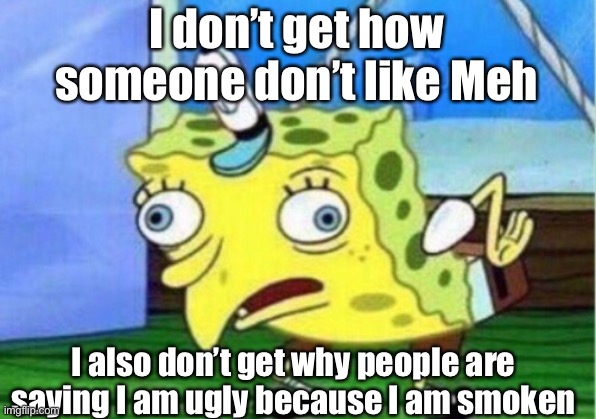 Spongebob weird | I don’t get how someone don’t like Meh; I also don’t get why people are saying I am ugly because I am smoken | image tagged in memes,mocking spongebob | made w/ Imgflip meme maker