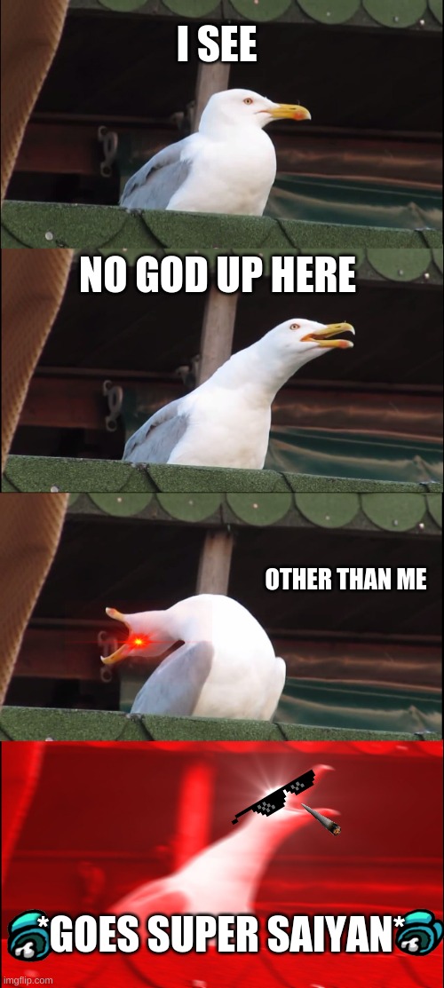 Inhaling Seagull Meme | I SEE; NO GOD UP HERE; OTHER THAN ME; *GOES SUPER SAIYAN* | image tagged in memes,inhaling seagull | made w/ Imgflip meme maker