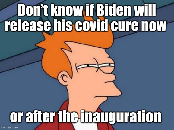 Wonder when | Don’t know if Biden will release his covid cure now; or after the inauguration | image tagged in memes,futurama fry,joe biden,election 2020 | made w/ Imgflip meme maker