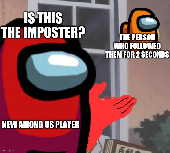 New Among us players in a nutshell | IS THIS THE IMPOSTER? THE PERSON WHO FOLLOWED THEM FOR 2 SECONDS; NEW AMONG US PLAYER | image tagged in among us | made w/ Imgflip meme maker