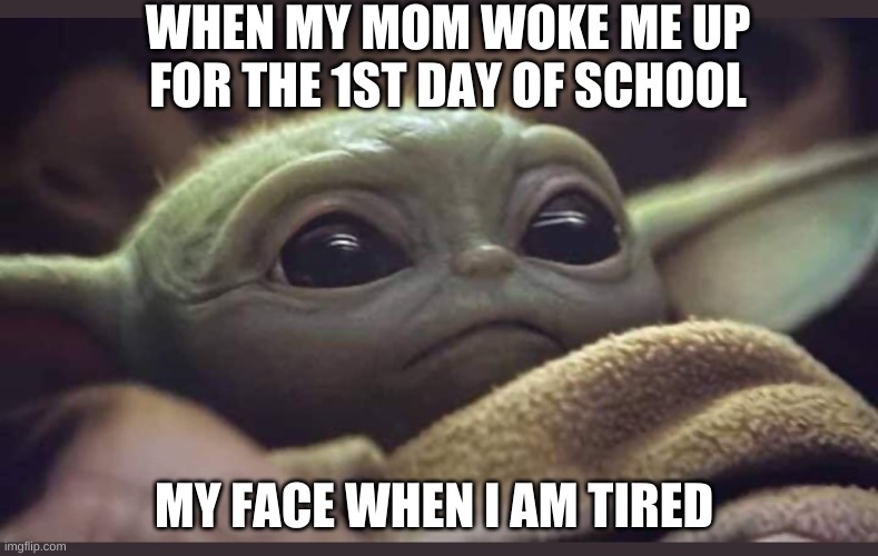 baby yoda | WHEN MY MOM WOKE ME UP FOR THE 1ST DAY OF SCHOOL; MY FACE WHEN I AM TIRED | image tagged in baby yoda | made w/ Imgflip meme maker