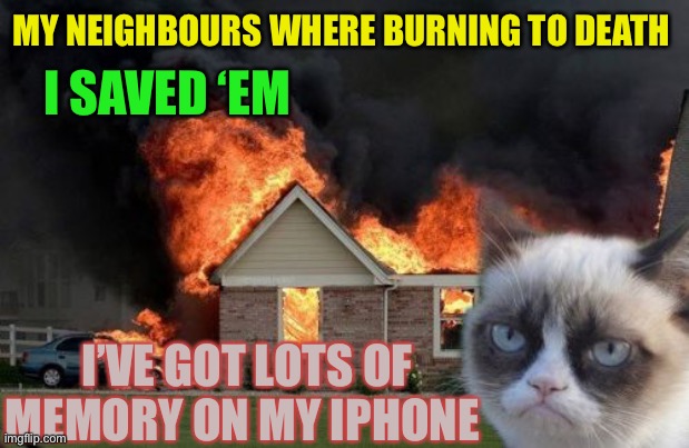 Arson: I’m just arse-in around ;-) | MY NEIGHBOURS WHERE BURNING TO DEATH; I SAVED ‘EM; I’VE GOT LOTS OF MEMORY ON MY IPHONE | image tagged in memes,burn kitty,dark humour,burn,fire,iphone | made w/ Imgflip meme maker