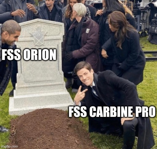 Grant Gustin over grave | FSS ORION; FSS CARBINE PRO | image tagged in grant gustin over grave,modern warfare | made w/ Imgflip meme maker