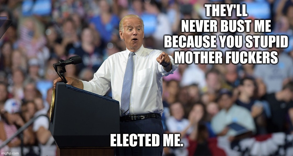 Joe Biden | THEY'LL NEVER BUST ME BECAUSE YOU STUPID MOTHER FUCKERS ELECTED ME. | image tagged in joe biden | made w/ Imgflip meme maker