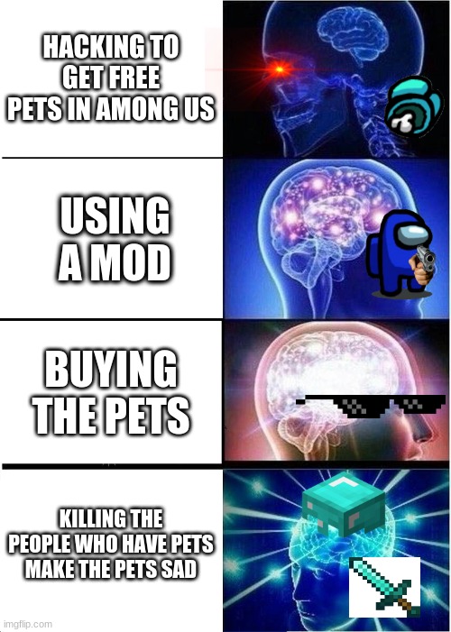 Expanding Brain | HACKING TO GET FREE PETS IN AMONG US; USING A MOD; BUYING THE PETS; KILLING THE PEOPLE WHO HAVE PETS MAKE THE PETS SAD | image tagged in memes,expanding brain | made w/ Imgflip meme maker