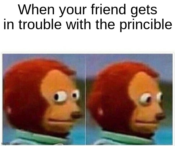 This is a moment you should have been though | When your friend gets in trouble with the princible | image tagged in memes,monkey puppet | made w/ Imgflip meme maker