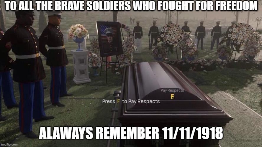 *military salute intensifies* | TO ALL THE BRAVE SOLDIERS WHO FOUGHT FOR FREEDOM; ALAWAYS REMEMBER 11/11/1918 | image tagged in press f to pay respects,memes,11/11/1918,respect,ww1 | made w/ Imgflip meme maker