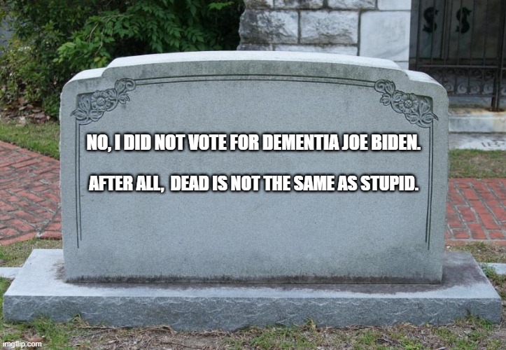 Dead is NOT the same thing as stupid: | NO, I DID NOT VOTE FOR DEMENTIA JOE BIDEN. AFTER ALL,  DEAD IS NOT THE SAME AS STUPID. | image tagged in gravestone | made w/ Imgflip meme maker
