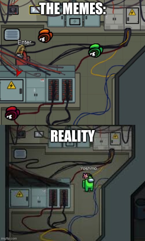 among reality | THE MEMES:; REALITY | image tagged in electrical room among us | made w/ Imgflip meme maker