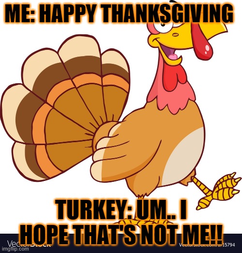 Thanksgiving | ME: HAPPY THANKSGIVING; TURKEY: UM.. I HOPE THAT'S NOT ME!! | image tagged in turkey,lol so funny | made w/ Imgflip meme maker
