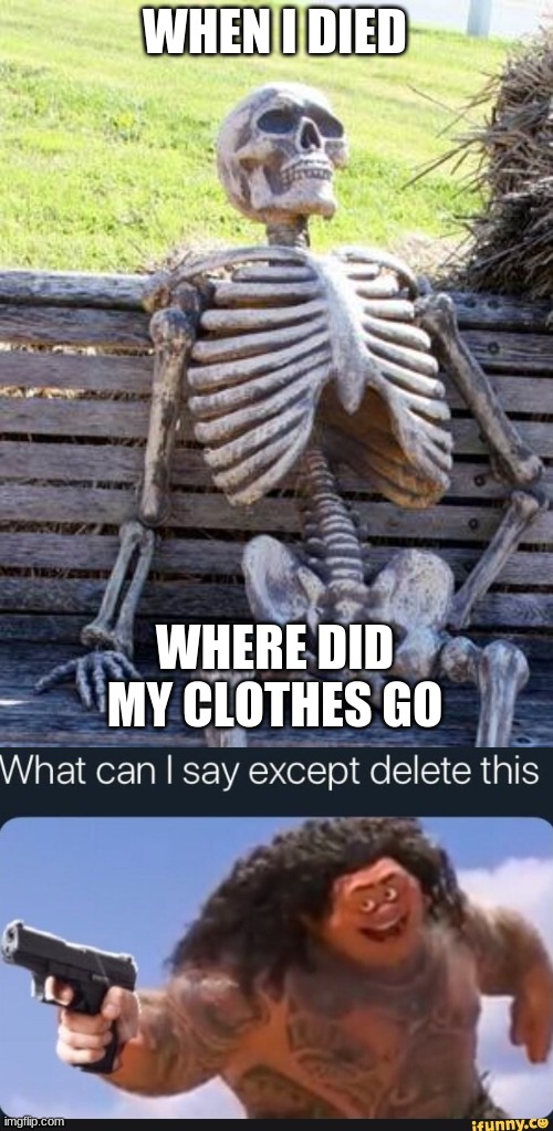 WHEN I DIED; WHERE DID MY CLOTHES GO | image tagged in memes,waiting skeleton,what can i say except delete this | made w/ Imgflip meme maker