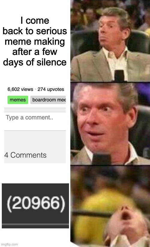 Aaaaaaa thank you guys so much | I come back to serious meme making after a few days of silence | image tagged in vince mcmahon,memes | made w/ Imgflip meme maker