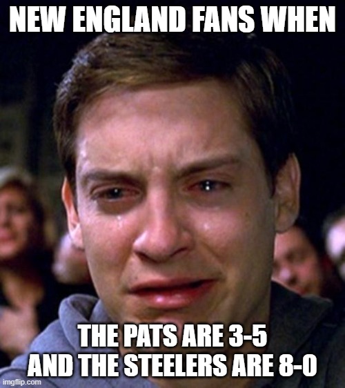 crying peter parker | NEW ENGLAND FANS WHEN; THE PATS ARE 3-5 AND THE STEELERS ARE 8-0 | image tagged in crying peter parker | made w/ Imgflip meme maker