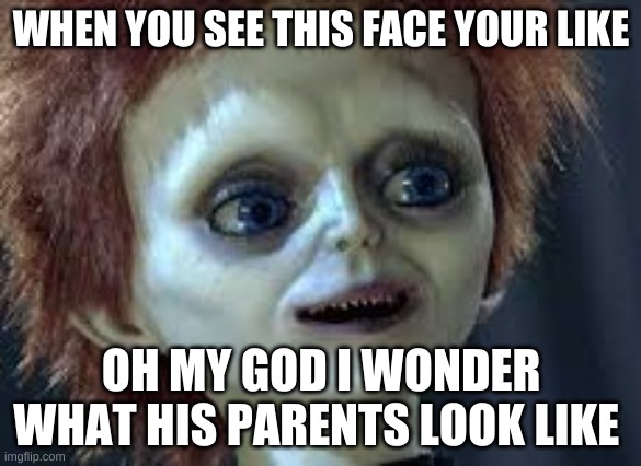 hijo de chucky | WHEN YOU SEE THIS FACE YOUR LIKE; OH MY GOD I WONDER WHAT HIS PARENTS LOOK LIKE | image tagged in hijo de chucky | made w/ Imgflip meme maker