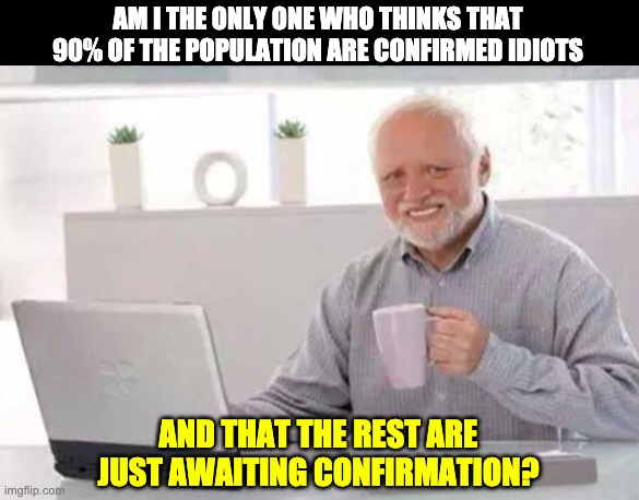 Idiots | AM I THE ONLY ONE WHO THINKS THAT 90% OF THE POPULATION ARE CONFIRMED IDIOTS; AND THAT THE REST ARE JUST AWAITING CONFIRMATION? | image tagged in harold | made w/ Imgflip meme maker