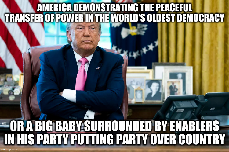 I wish this were funny, but it's just embarrassing | AMERICA DEMONSTRATING THE PEACEFUL TRANSFER OF POWER IN THE WORLD'S OLDEST DEMOCRACY; OR A BIG BABY SURROUNDED BY ENABLERS IN HIS PARTY PUTTING PARTY OVER COUNTRY | image tagged in trump,humor,election 2020,democracy,republicans | made w/ Imgflip meme maker