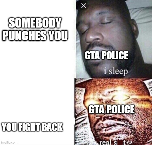 gta police when somebody fights you | SOMEBODY PUNCHES YOU; GTA POLICE; GTA POLICE; YOU FIGHT BACK | image tagged in i sleep real shit,gta,grand theft auto,memes,funny | made w/ Imgflip meme maker