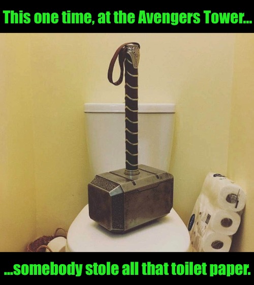 Not Funny, Thor! | This one time, at the Avengers Tower... ...somebody stole all that toilet paper. | image tagged in funny memes,toilet paper,the avengers,thor | made w/ Imgflip meme maker