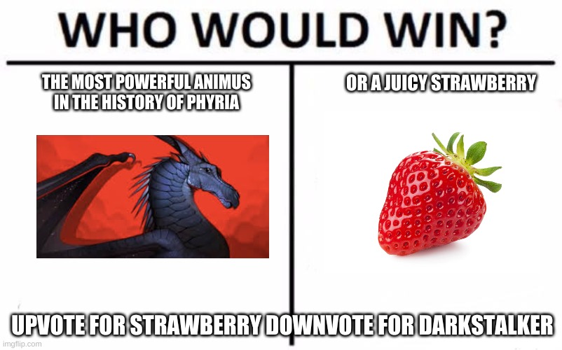 Who Would Win? | THE MOST POWERFUL ANIMUS IN THE HISTORY OF PHYRIA; OR A JUICY STRAWBERRY; UPVOTE FOR STRAWBERRY DOWNVOTE FOR DARKSTALKER | image tagged in memes,who would win | made w/ Imgflip meme maker
