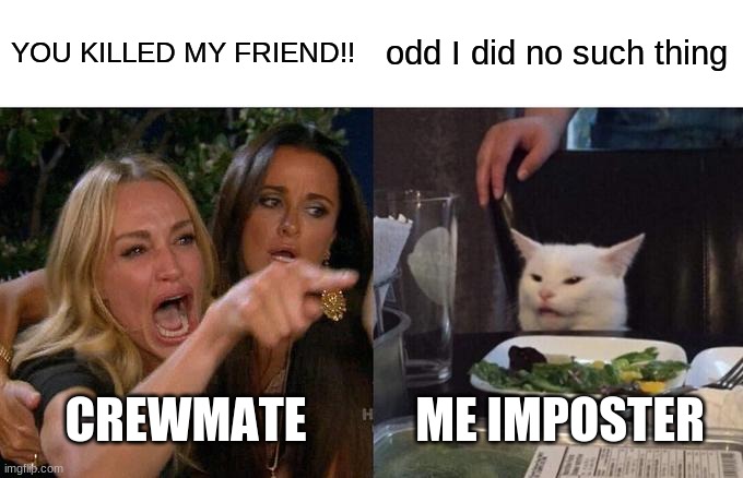 what happens in among us | YOU KILLED MY FRIEND!! odd I did no such thing; CREWMATE; ME IMPOSTER | image tagged in memes,woman yelling at cat | made w/ Imgflip meme maker