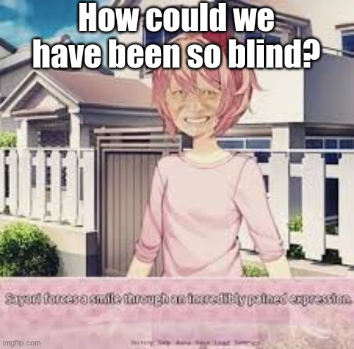 Hide the pain Sayori | How could we have been so blind? | image tagged in sayori,hide the pain | made w/ Imgflip meme maker