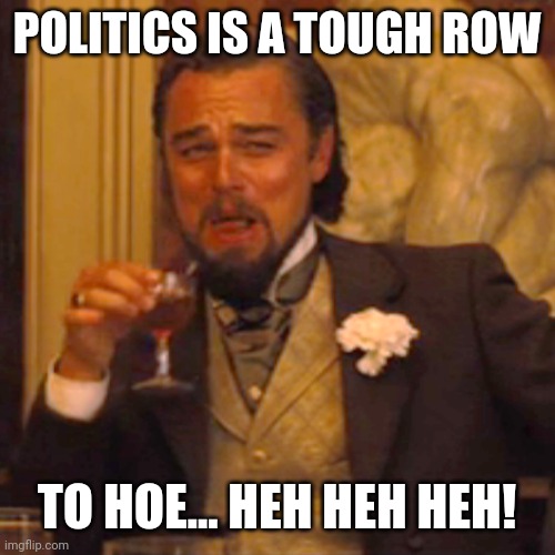 Laughing Leo Meme | POLITICS IS A TOUGH ROW TO HOE... HEH HEH HEH! | image tagged in memes,laughing leo | made w/ Imgflip meme maker