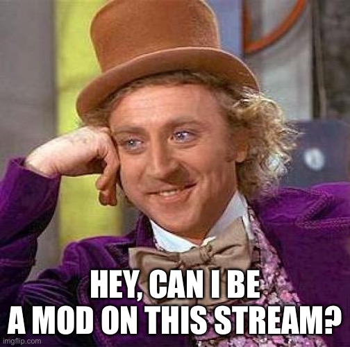 Plz | HEY, CAN I BE A MOD ON THIS STREAM? | image tagged in memes,creepy condescending wonka,plz | made w/ Imgflip meme maker