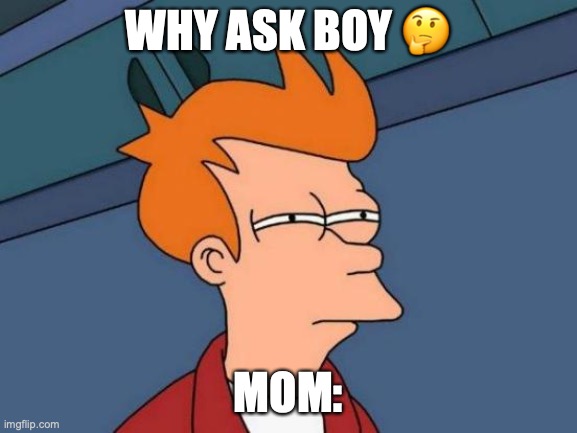 WHY ASK BOY ? MOM: | image tagged in memes,futurama fry | made w/ Imgflip meme maker