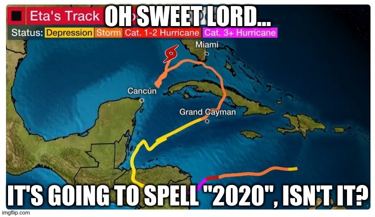 Hurricane Eta 2020 | OH SWEET LORD... IT'S GOING TO SPELL "2020", ISN'T IT? | image tagged in hurricane eta,hurricane,eta,2020,hurricane 2020,hurricane eta 2020 | made w/ Imgflip meme maker