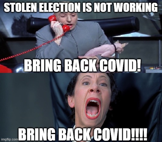 STOLEN ELECTION IS NOT WORKING; BRING BACK COVID! BRING BACK COVID!!!! | image tagged in covid,election 2020,trump 2020,liberal tears | made w/ Imgflip meme maker
